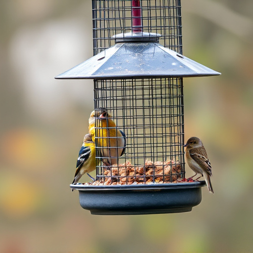 Metal mesh bird feeder with small birds