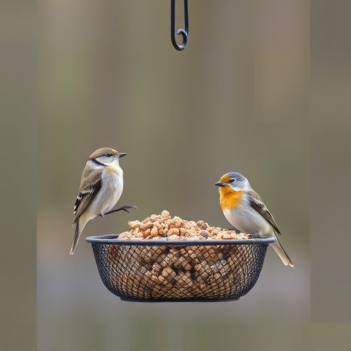 Metal mesh bird feeder with small birds