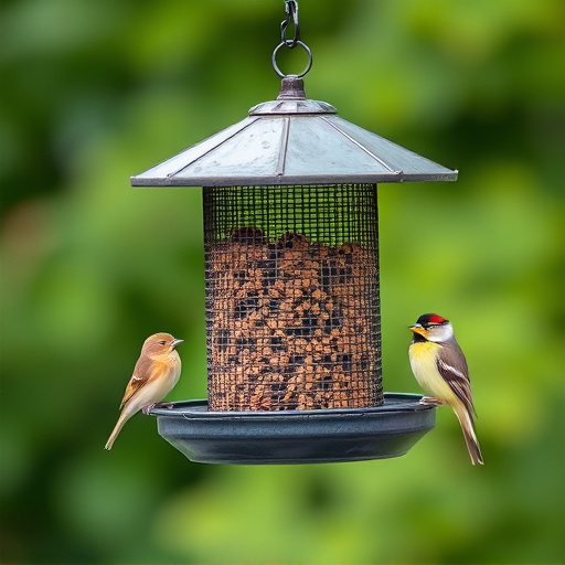 Metal mesh bird feeder with small birds