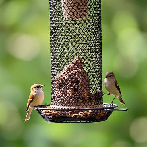 Metal mesh bird feeder with small birds