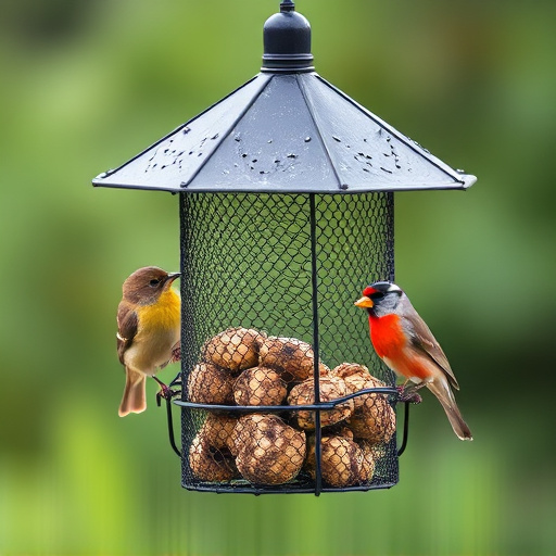 Metal mesh bird feeder with small birds
