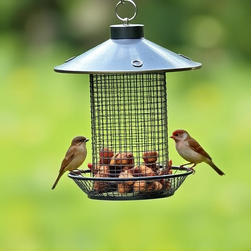 Metal mesh bird feeder with small birds
