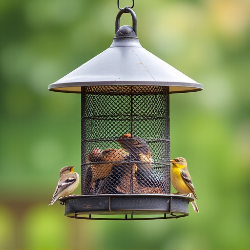 Metal mesh bird feeder with small birds