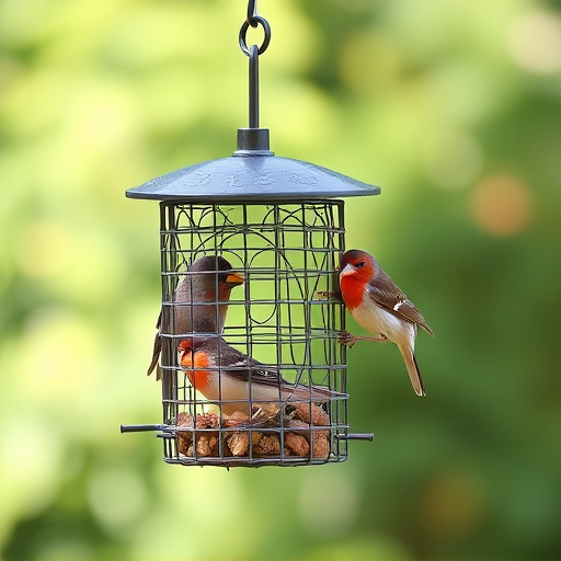 Metal mesh bird feeder with small birds