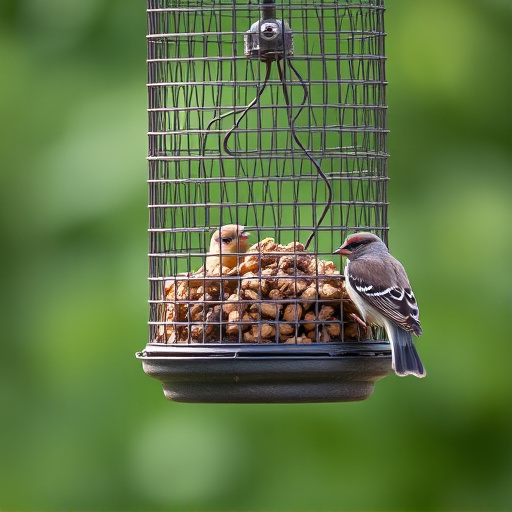 Metal mesh bird feeder with small birds