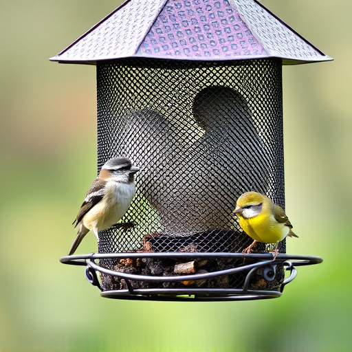Metal mesh bird feeder with small birds