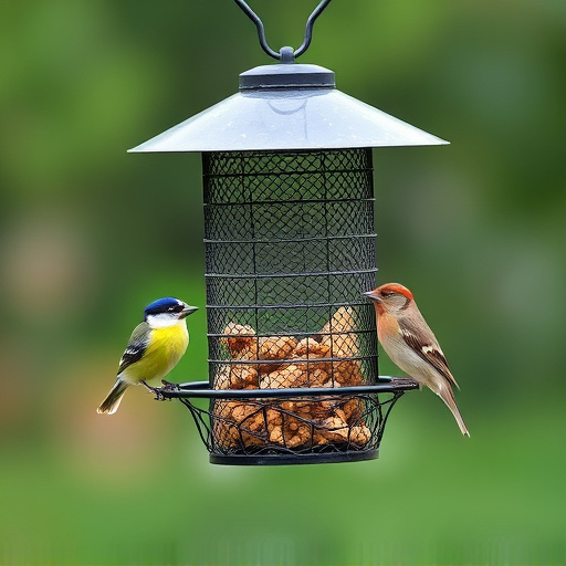 Metal mesh bird feeder with small birds