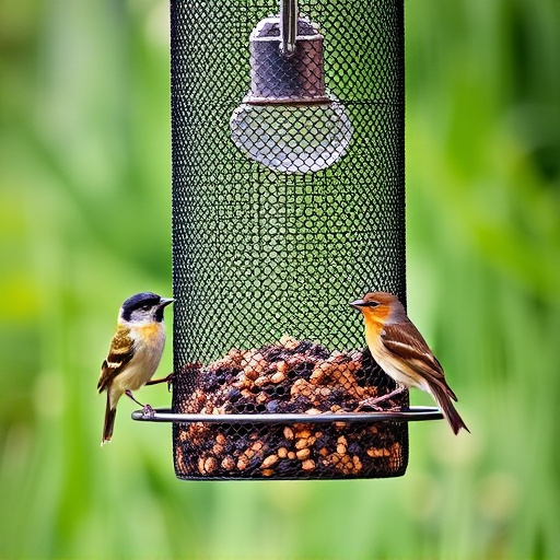 Metal mesh bird feeder with small birds