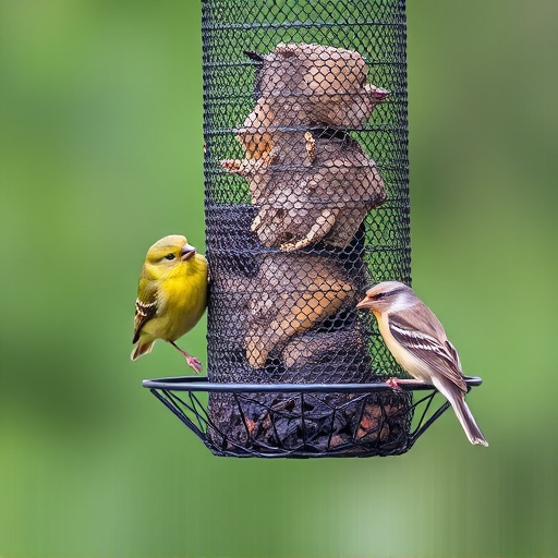 Metal mesh bird feeder with small birds