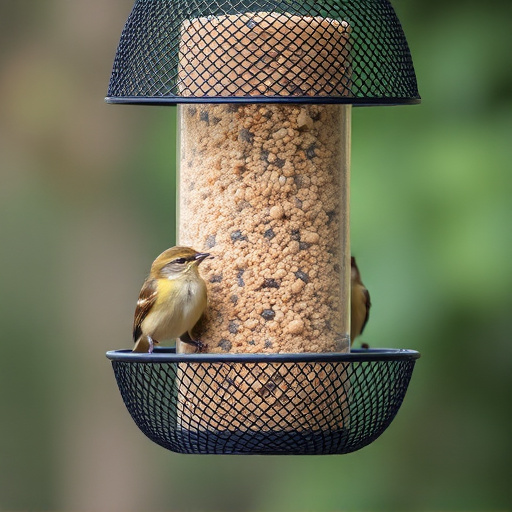 Metal mesh bird feeder with small birds