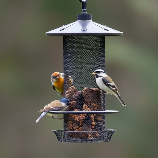 Metal mesh bird feeder with small birds