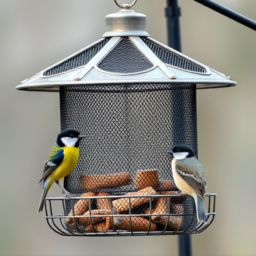 Metal mesh bird feeder with small birds