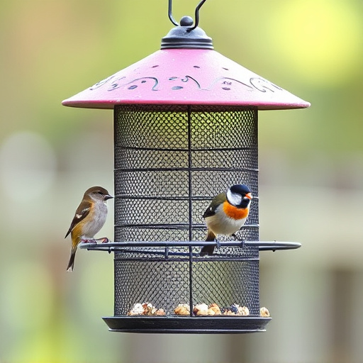 Metal mesh bird feeder with small birds