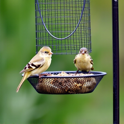 Metal mesh bird feeder with small birds