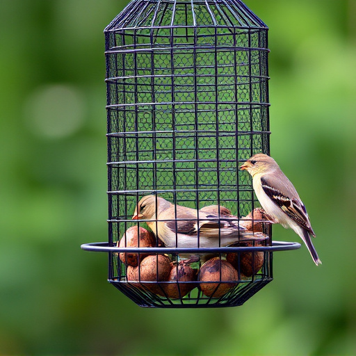 Metal mesh bird feeder with small birds