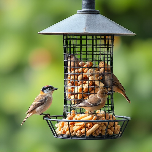 Metal mesh bird feeder with small birds