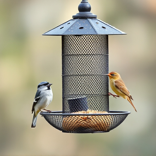 Metal mesh bird feeder with small birds