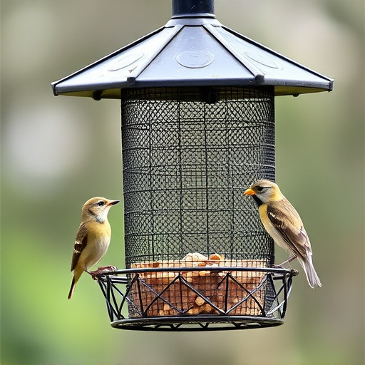 Metal mesh bird feeder with small birds