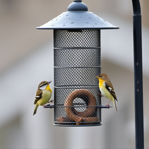 Metal mesh bird feeder with small birds