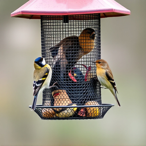 Metal mesh bird feeder with small birds