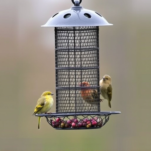 Metal mesh bird feeder with small birds