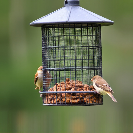Metal mesh bird feeder with small birds