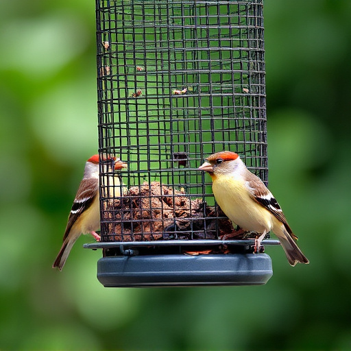 Metal mesh bird feeder with small birds