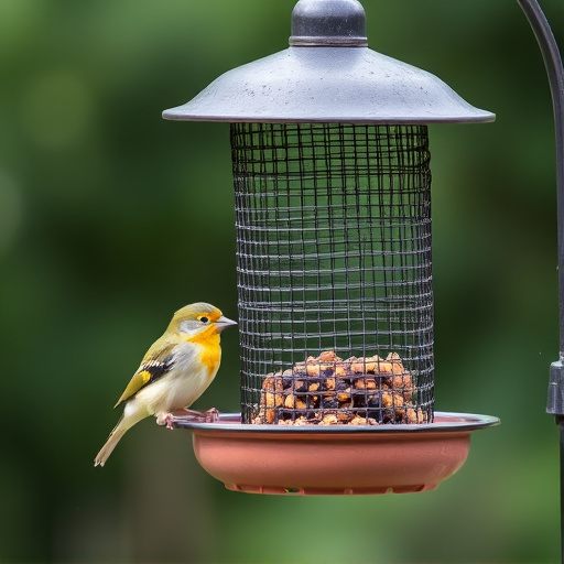 Metal mesh bird feeder with small birds