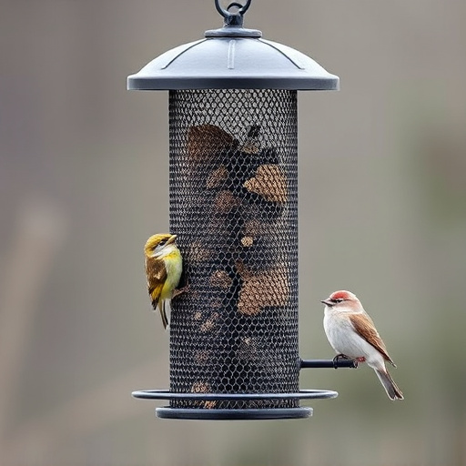 Metal mesh bird feeder with small birds