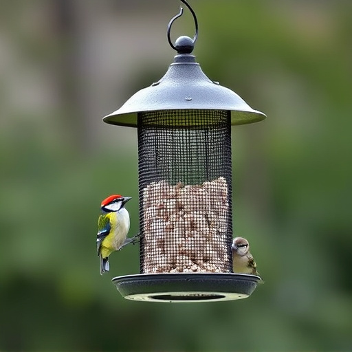 Metal mesh bird feeder with small birds