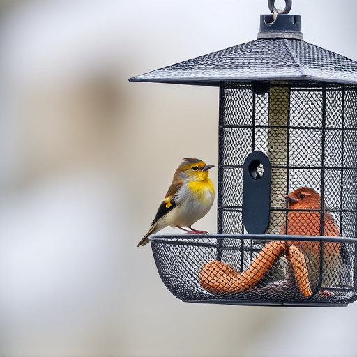 Metal mesh bird feeder with small birds