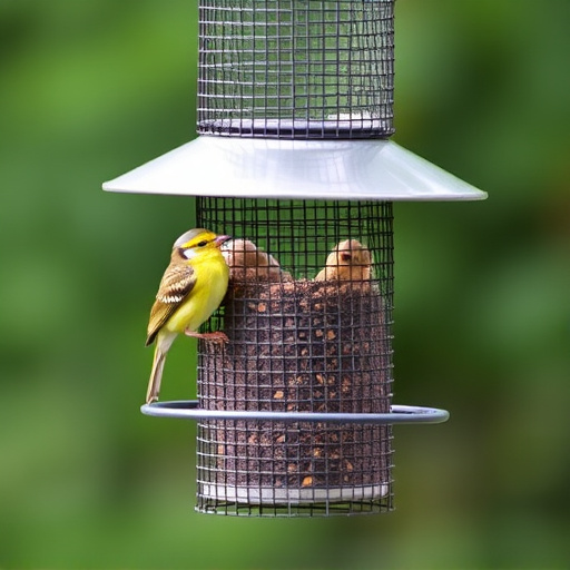 Metal mesh bird feeder with small birds