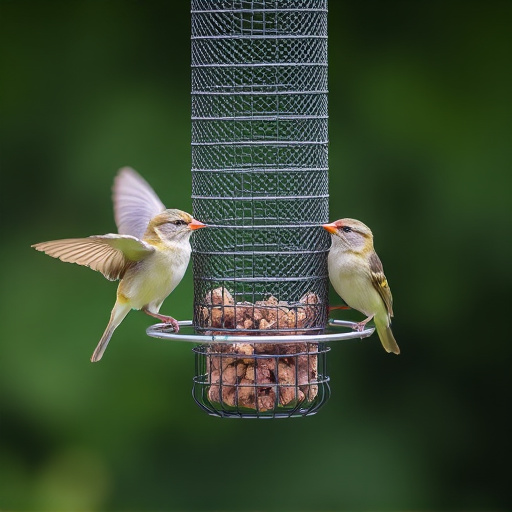 Metal mesh bird feeder with small birds