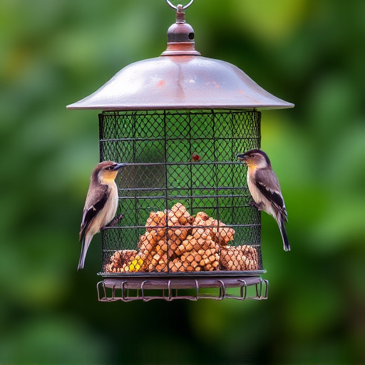Metal mesh bird feeder with small birds