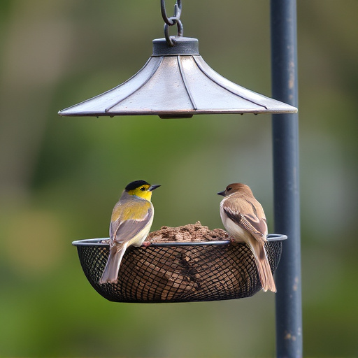 Metal mesh bird feeder with small birds