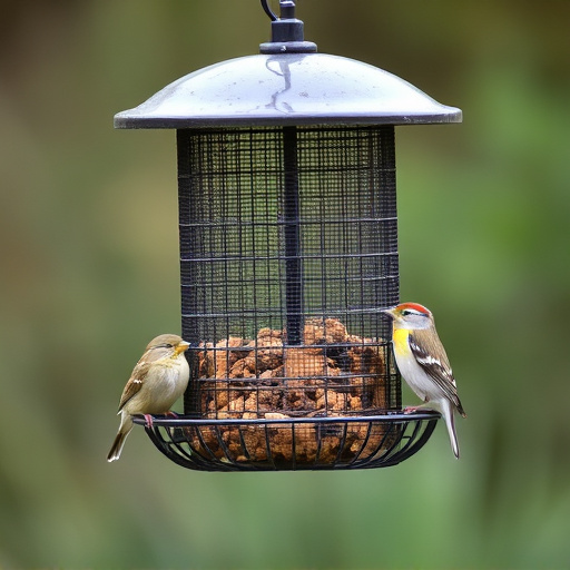 Metal mesh bird feeder with small birds