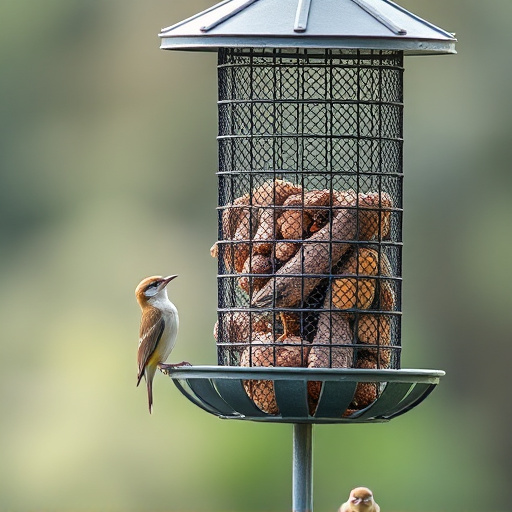 Metal mesh bird feeder with small birds