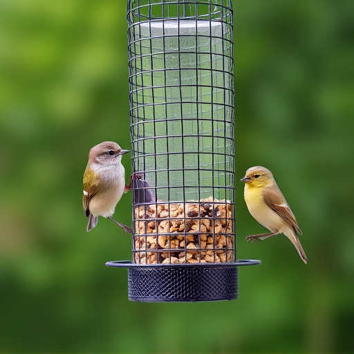 Metal mesh bird feeder with small birds