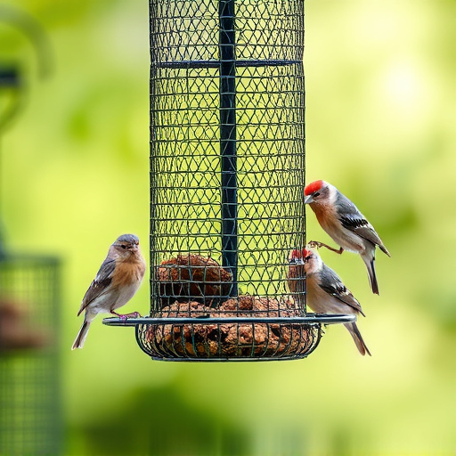 Metal mesh bird feeder with small birds