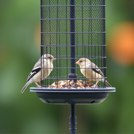 Metal mesh bird feeder with small birds