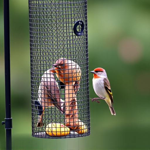 Metal mesh bird feeder with small birds