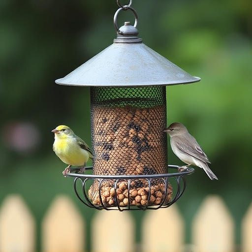Metal mesh bird feeder with small birds