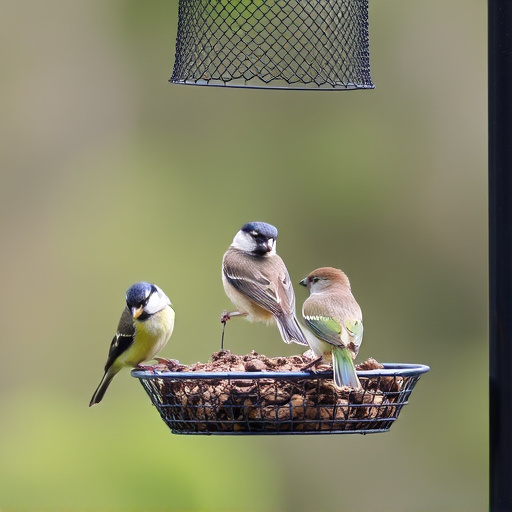 Metal mesh bird feeder with small birds