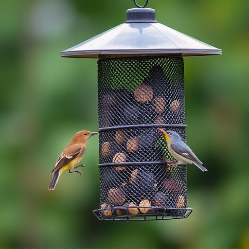Metal mesh bird feeder with small birds