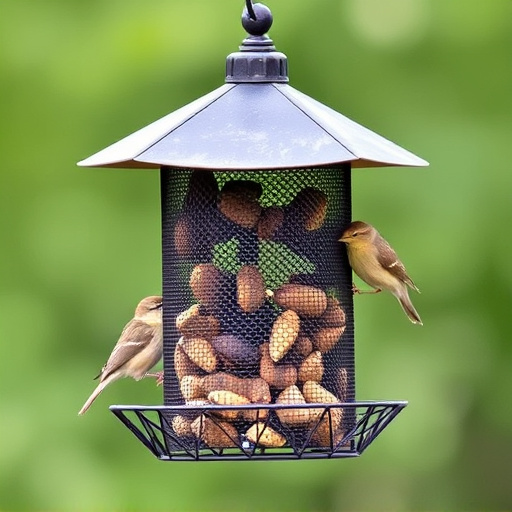 Metal mesh bird feeder with small birds
