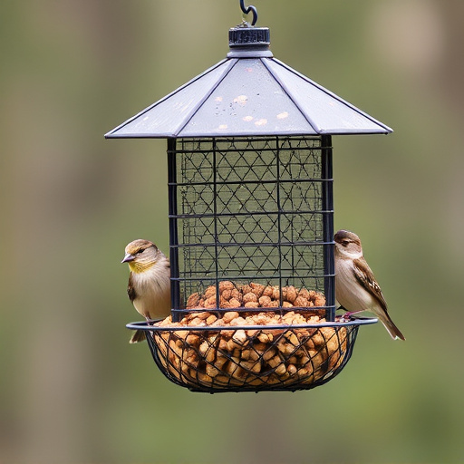 Metal mesh bird feeder with small birds