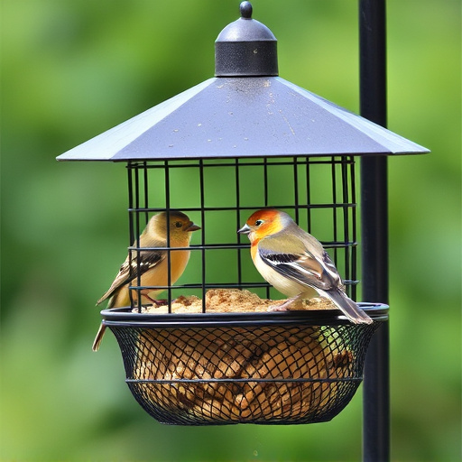 Metal mesh bird feeder with small birds