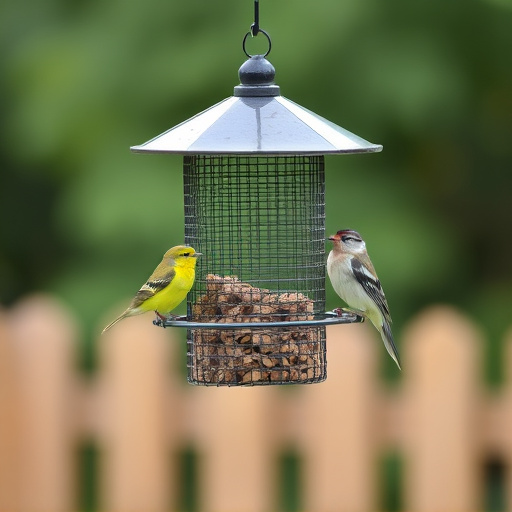 Metal mesh bird feeder with small birds