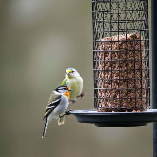 Metal mesh bird feeder with small birds