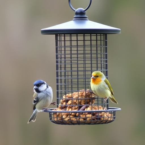 Metal mesh bird feeder with small birds